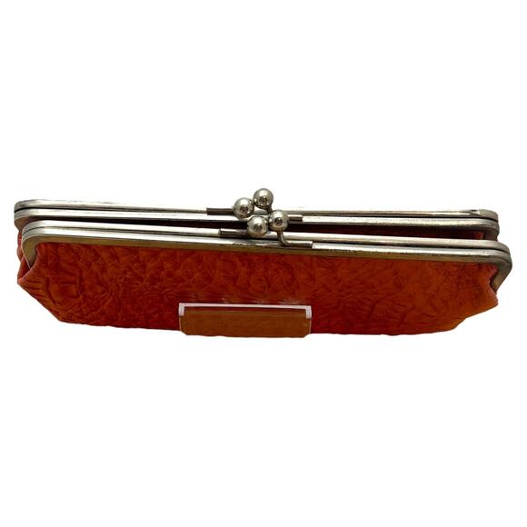 Vintage Kiss Lock Clutch Wallet Faux Leather Crock Embossed Orange - Picture 3 of 8